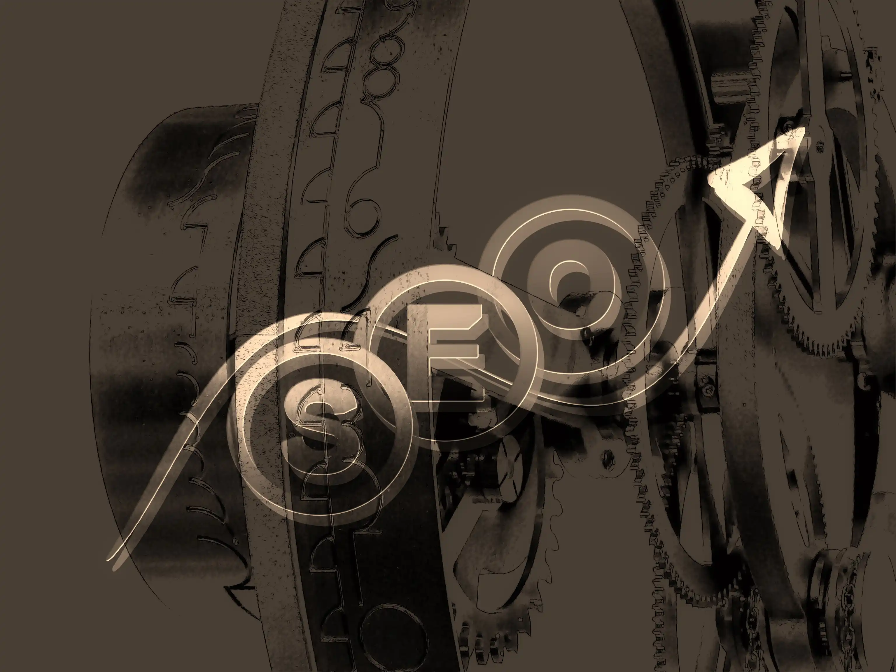 SEO growth concept showing upward arrow and search engine optimization letters over mechanical cogs.